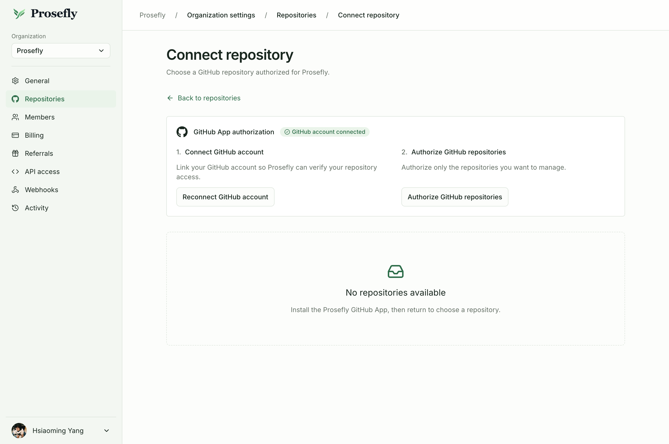 授权 Prosefly GitHub App 访问你选择的仓库。
