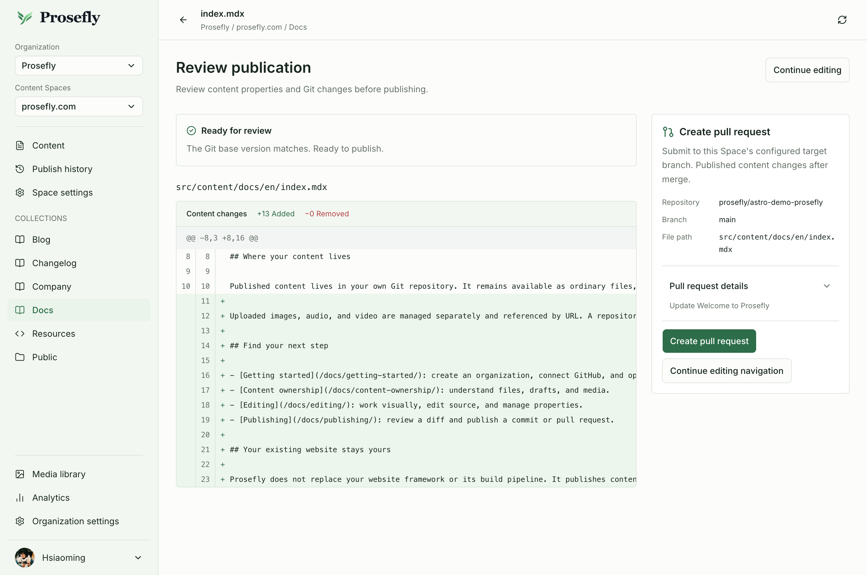 在发布审阅中检查文件差异，并确认 Pull Request 的信息。