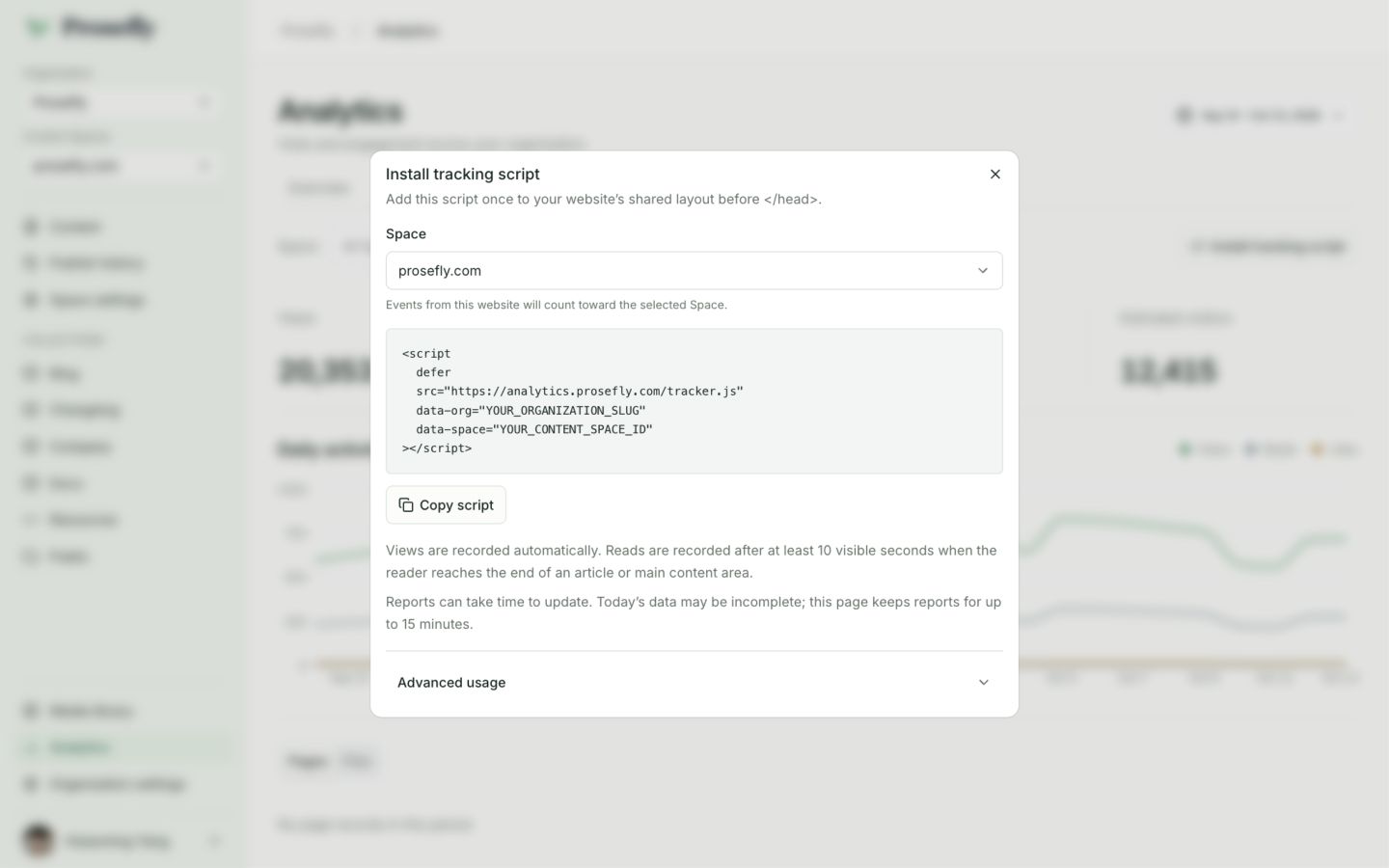 The Install tracking script dialog with a selected Content Space and a generated script snippet.
