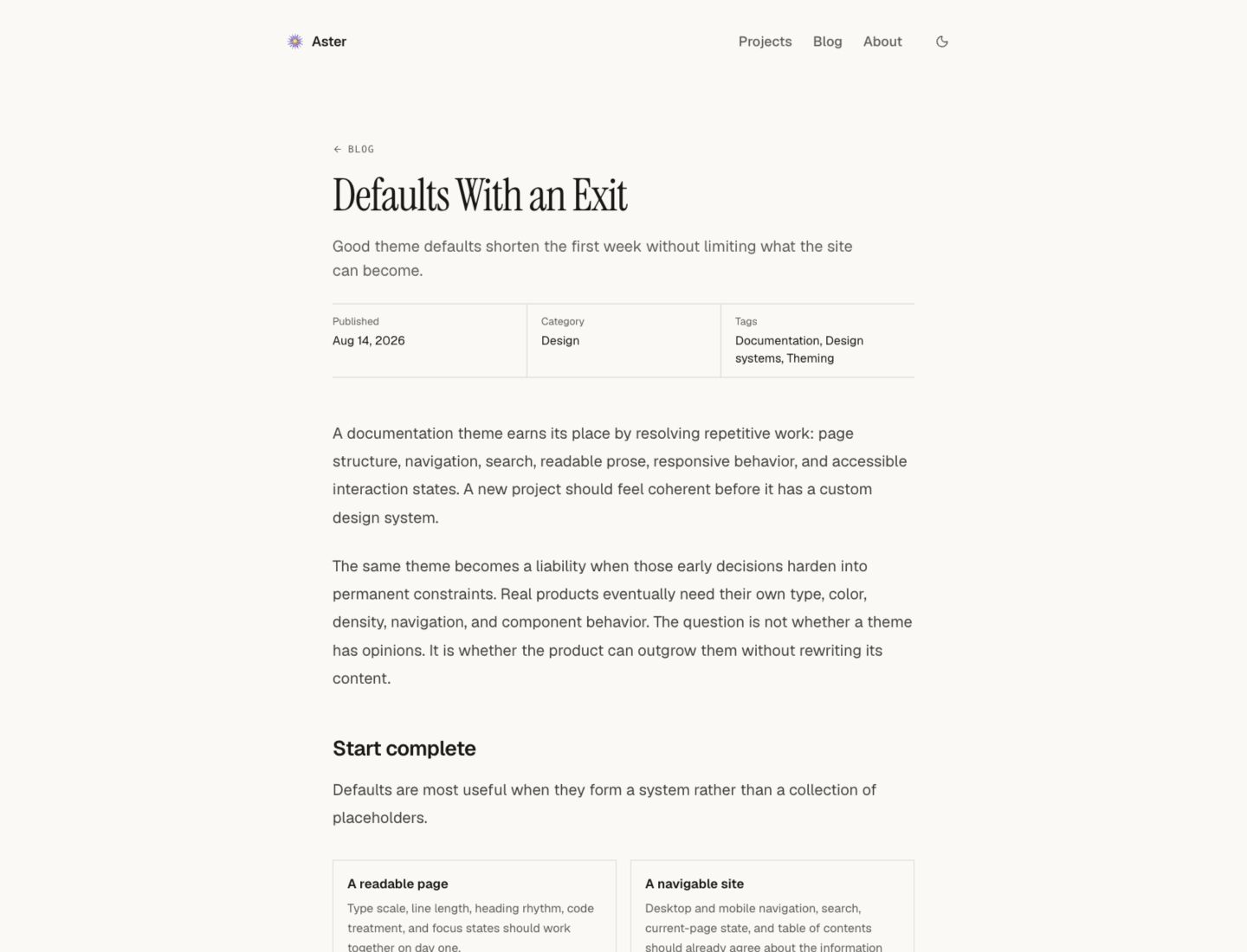 Aster article page showing Defaults With an Exit, its description, publication date, category, tags, and article content.