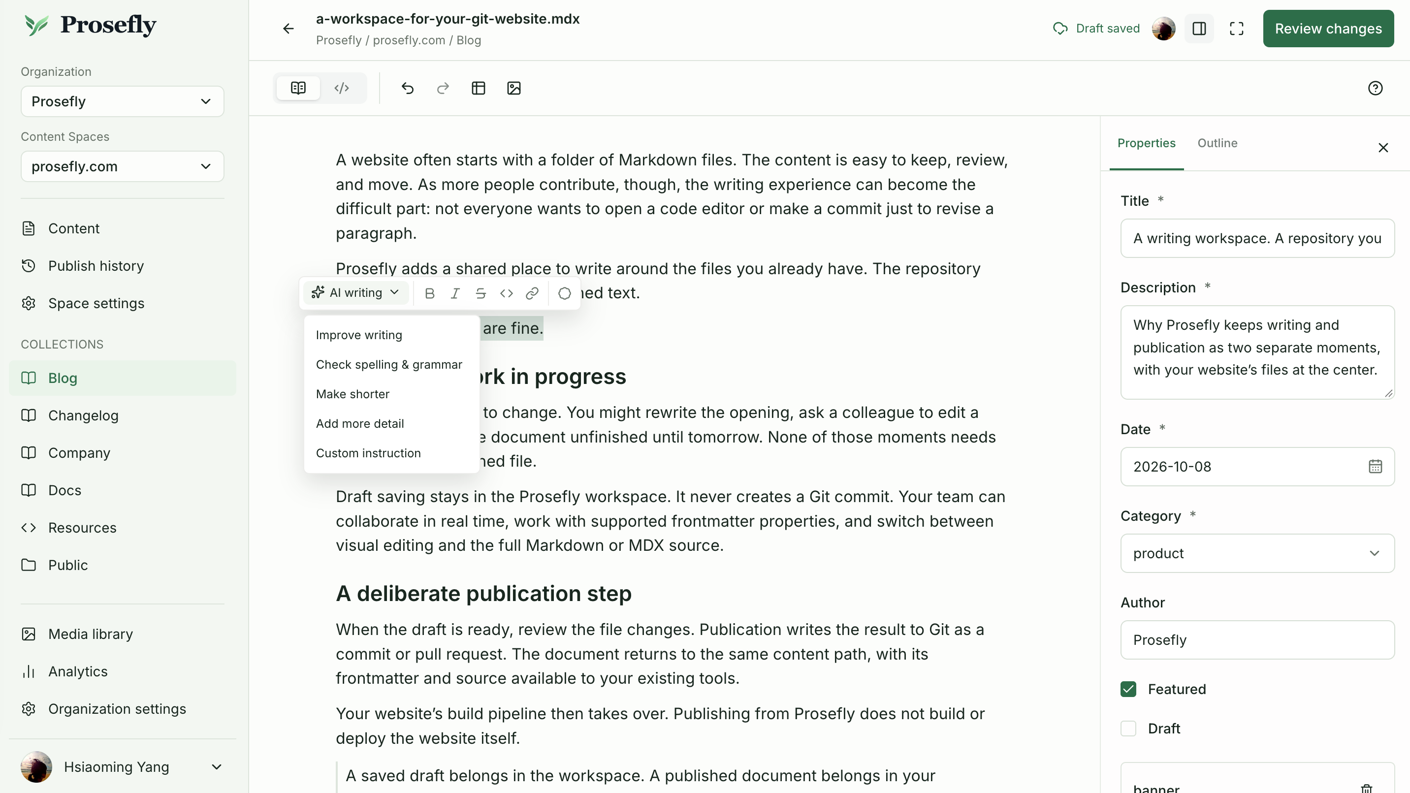The AI writing menu with Improve writing, Check spelling & grammar, Make shorter, Add more detail, and Custom instruction.