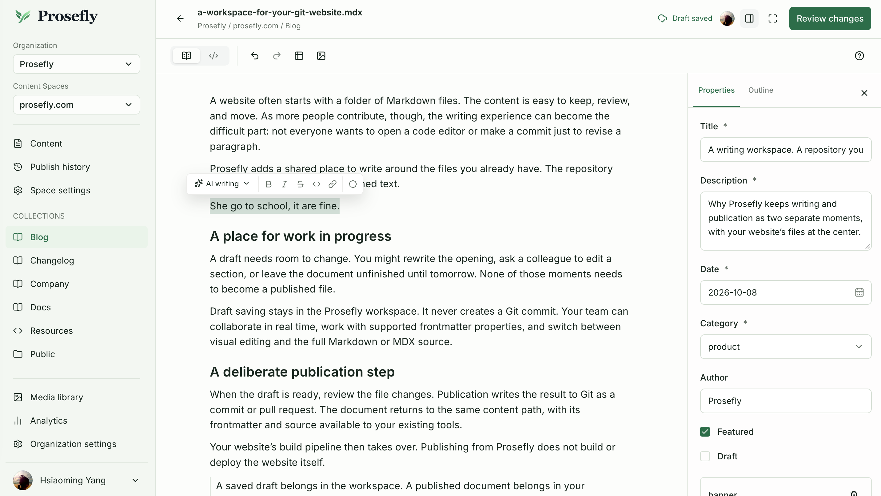 Selected text and the floating AI writing toolbar in Prosefly Visual Editor.