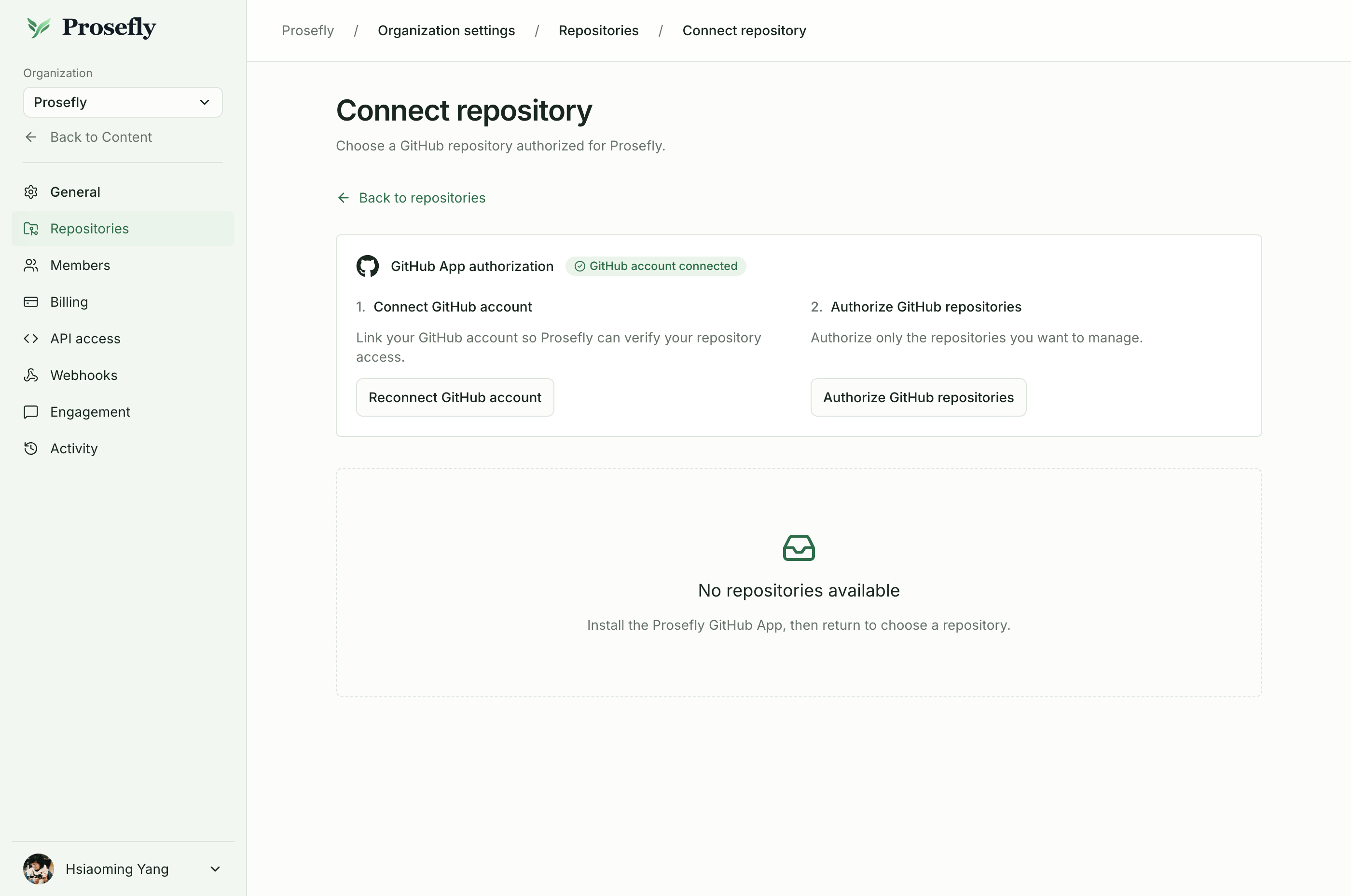選択したリポジトリへのアクセスを Prosefly GitHub App に許可。