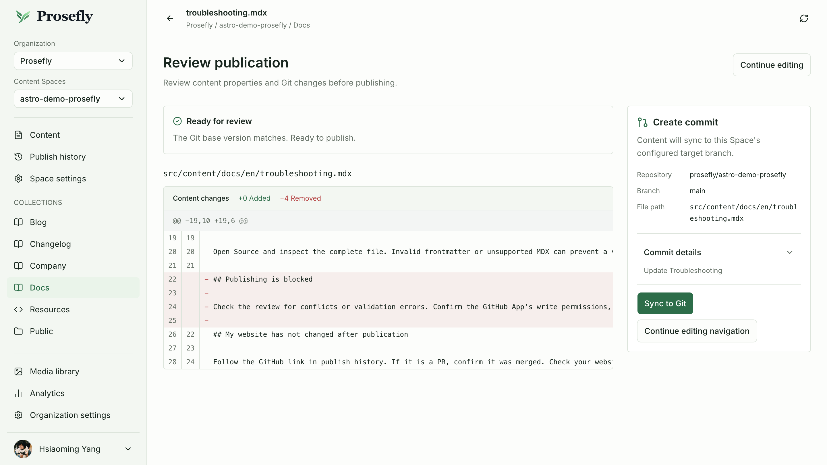 コミット方式の公開。差分、リポジトリ、対象ブランチを確認して Sync to Git を選択。