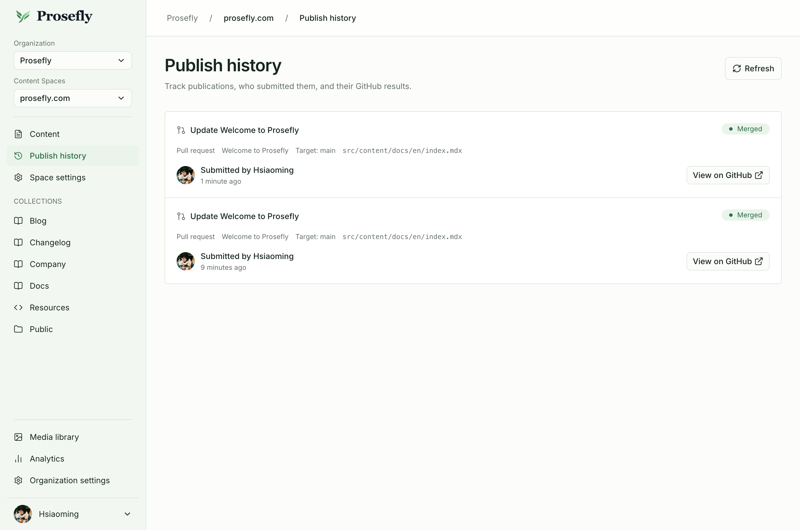各公開の GitHub へのリンクと、最新の状態を表示する Publish history。