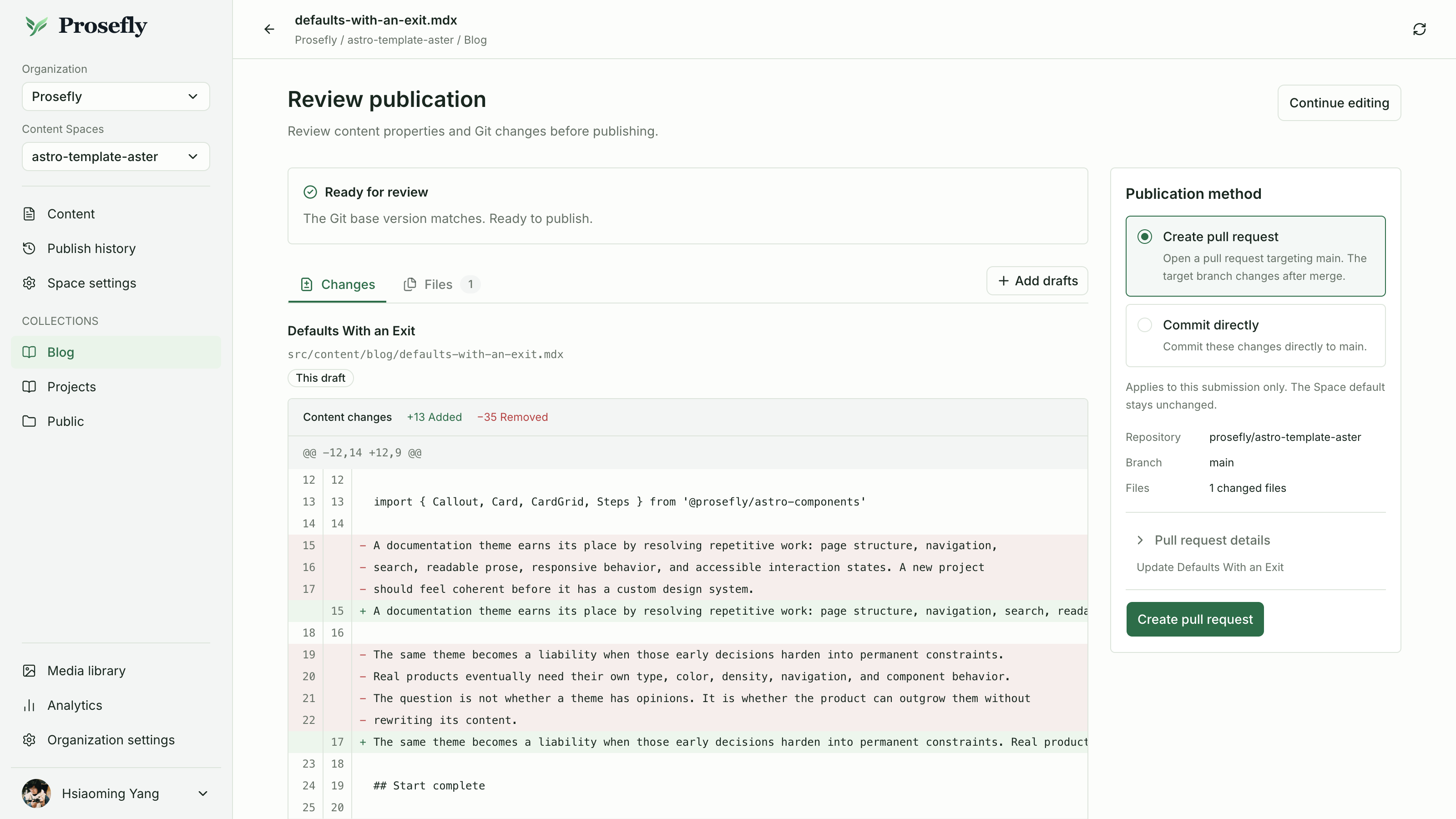Prosefly publication review showing a source diff, changed files, and the Create pull request action.