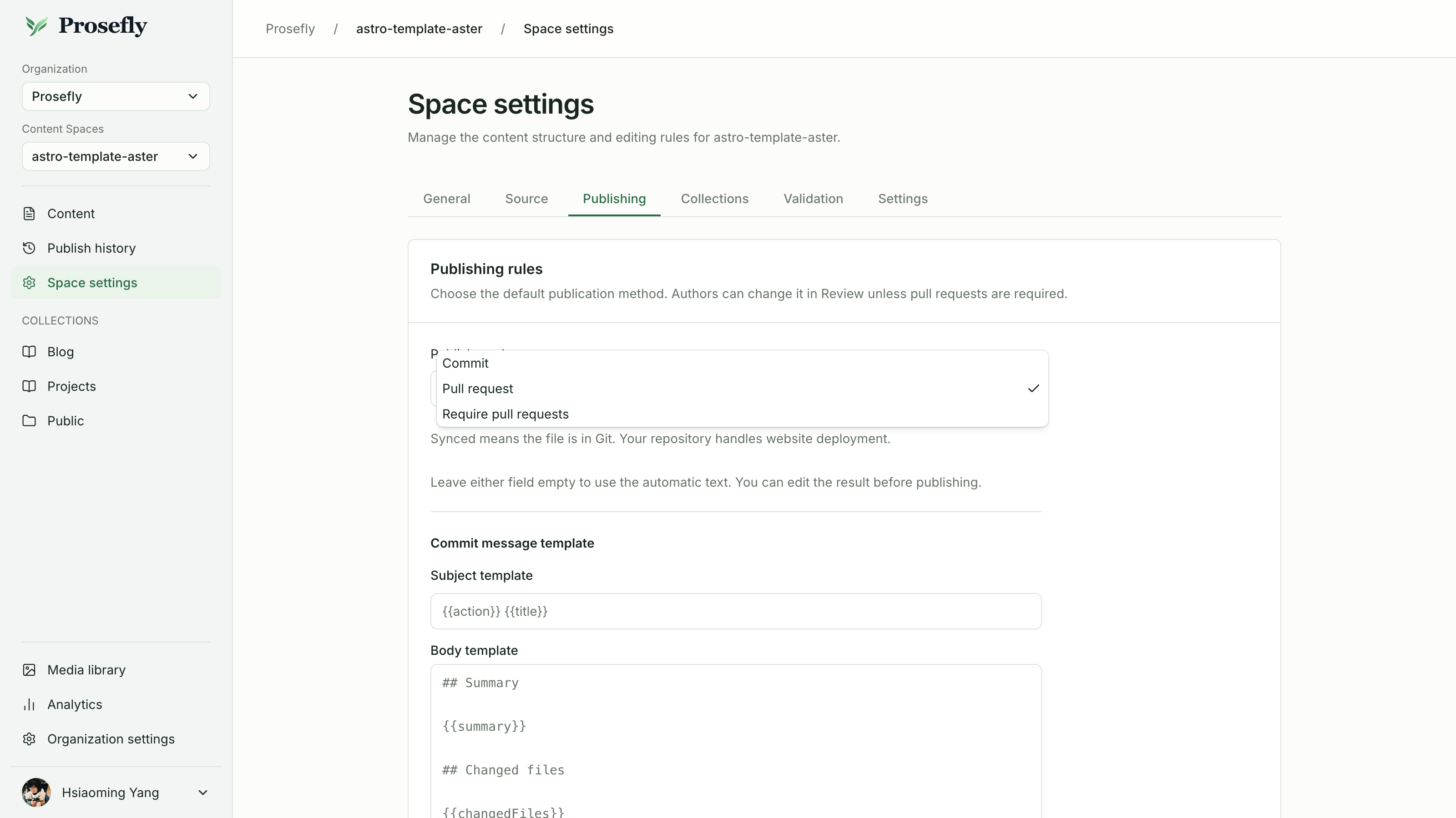 Space settings の Publishing タブ。Publish mode メニューに Commit と Pull request を表示。