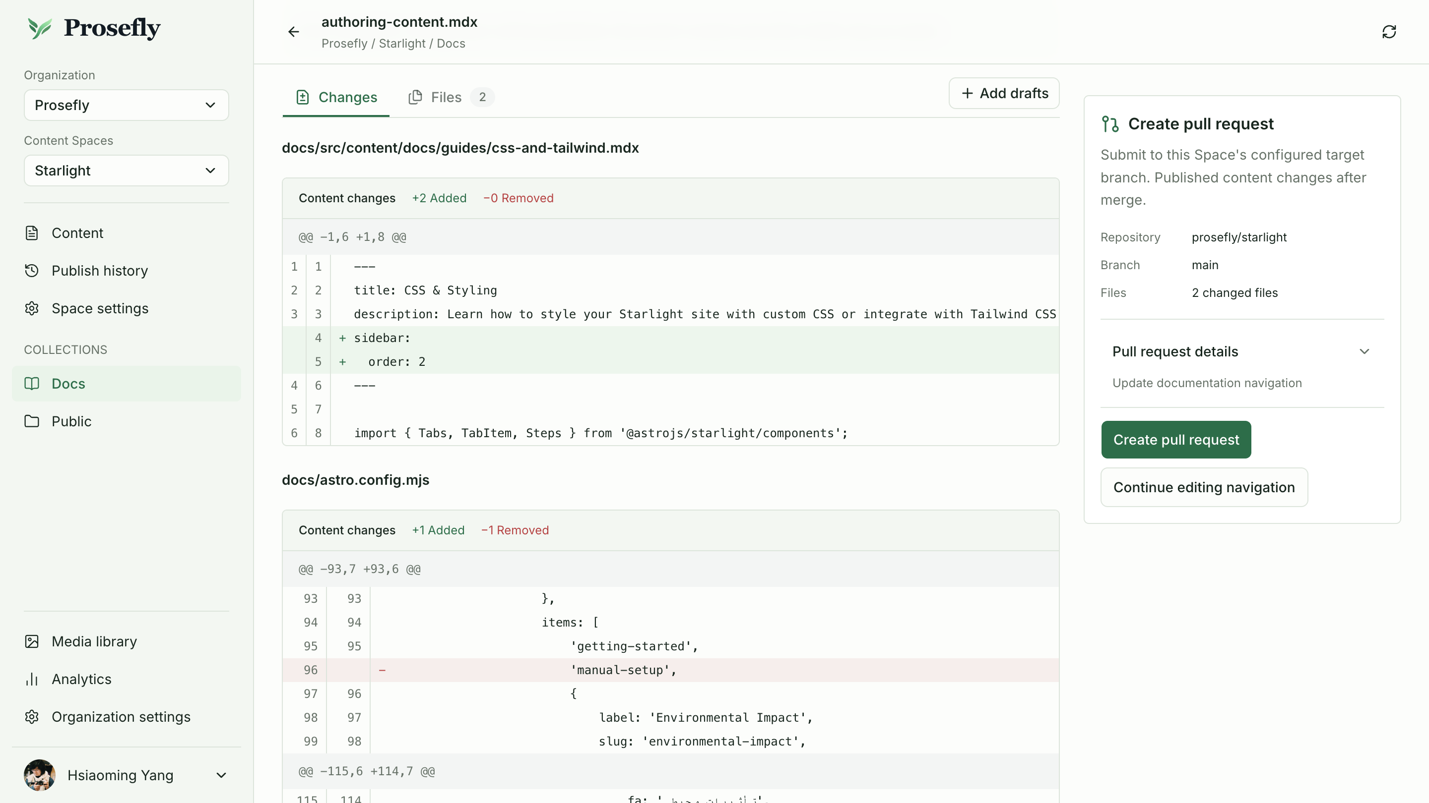 css-and-tailwind.mdx への sidebar.order: 2 の追加と、astro.config.mjs の手動サイドバー変更を表示する Starlight の公開確認画面。対象は 2 ファイルです。