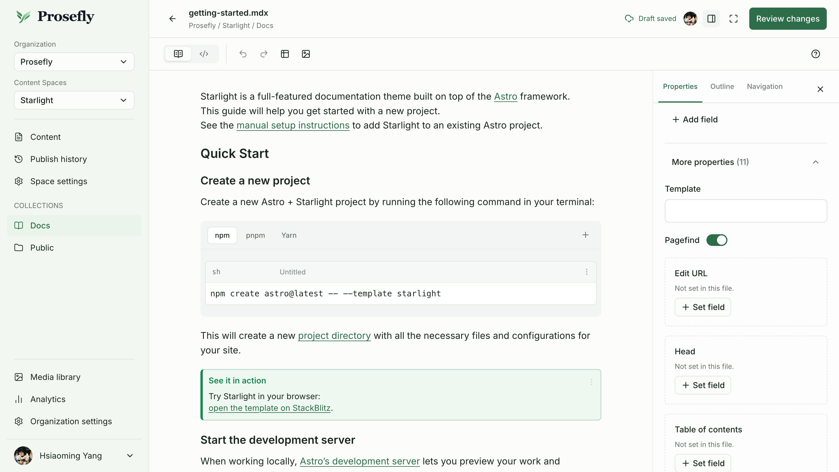 The Starlight Getting Started guide open in Prosefly, with tabs, an aside, and the Properties panel showing Pagefind and other native fields.