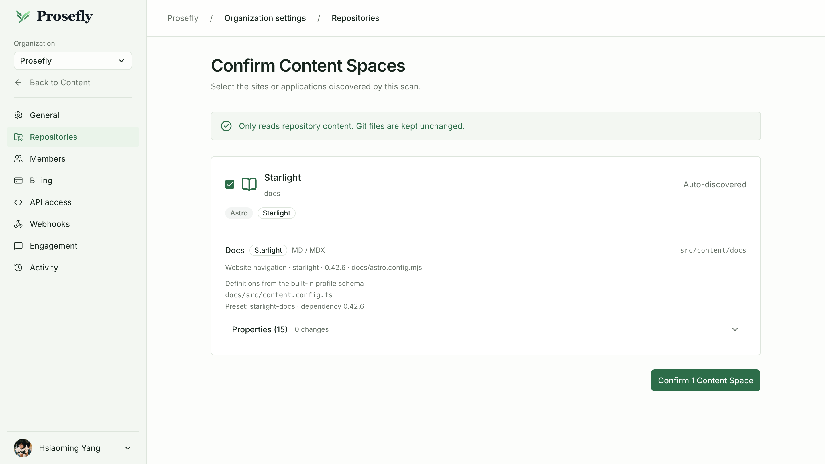 Astro scan confirmation showing automatically discovered Blog, Changelog, Company, and Docs collections and their fields.