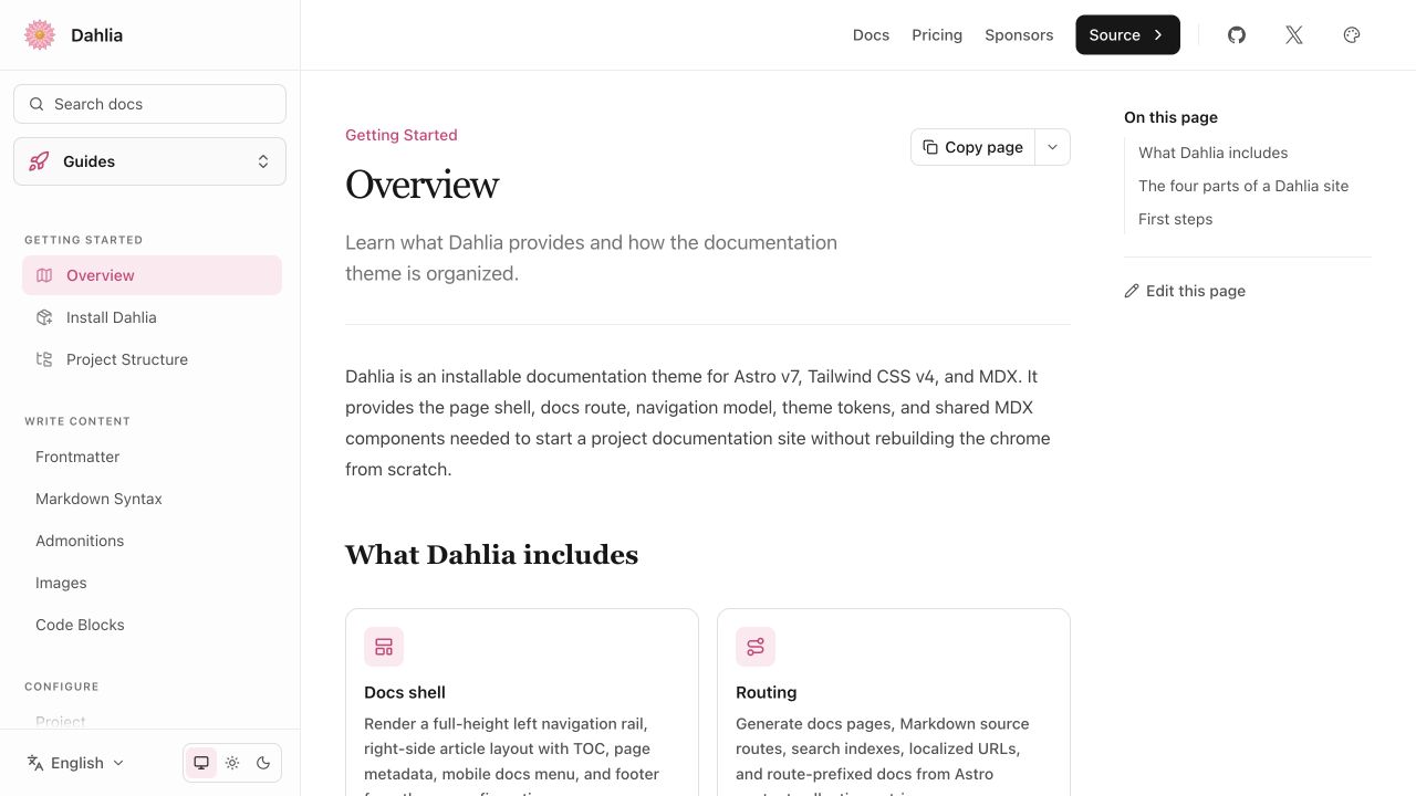 Dahlia 公式ドキュメントの概要ページ。画面の高さ全体を使う左ナビゲーション、記事カード、ページ内目次。