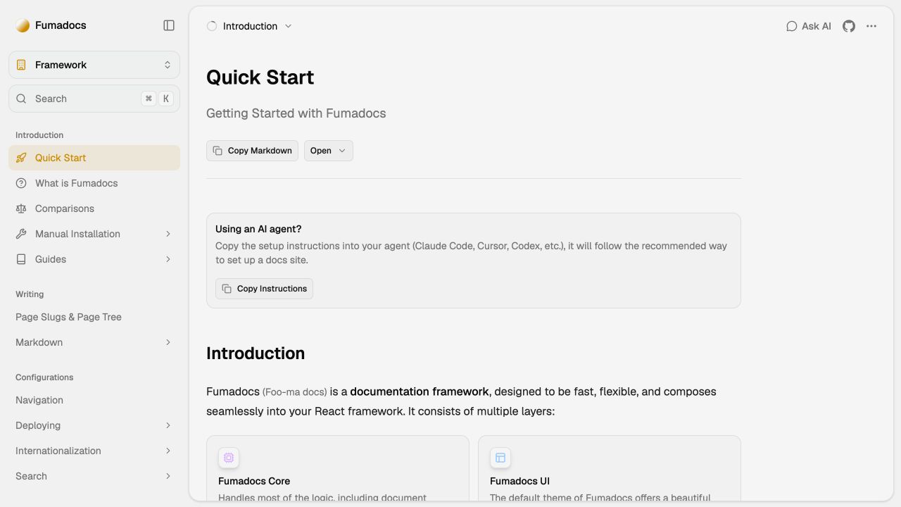 Fumadocs 公式 Quick Start ページ。サイドバーのナビゲーション、紹介文、コンポーネントのカード。