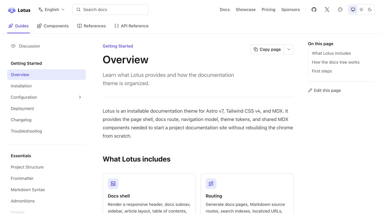 Lotus 公式ドキュメントの概要ページ。セクションナビゲーション、サイドバー、カード、ページ内目次。