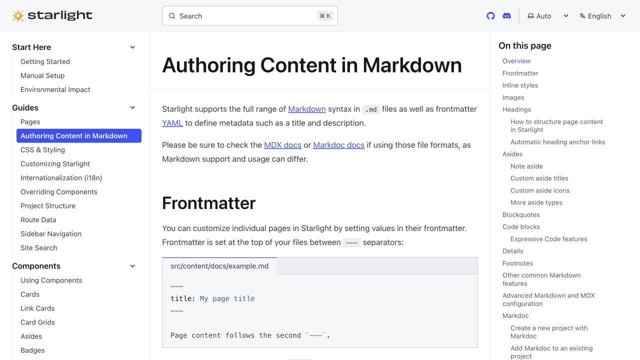 The published Starlight guide to authoring Markdown, with sidebar navigation and frontmatter examples.